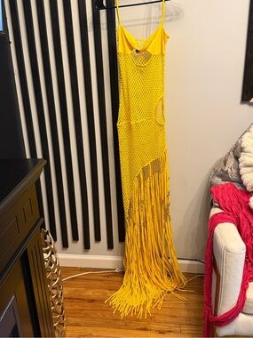 Yellow Fringe Crochet Maxi Dress